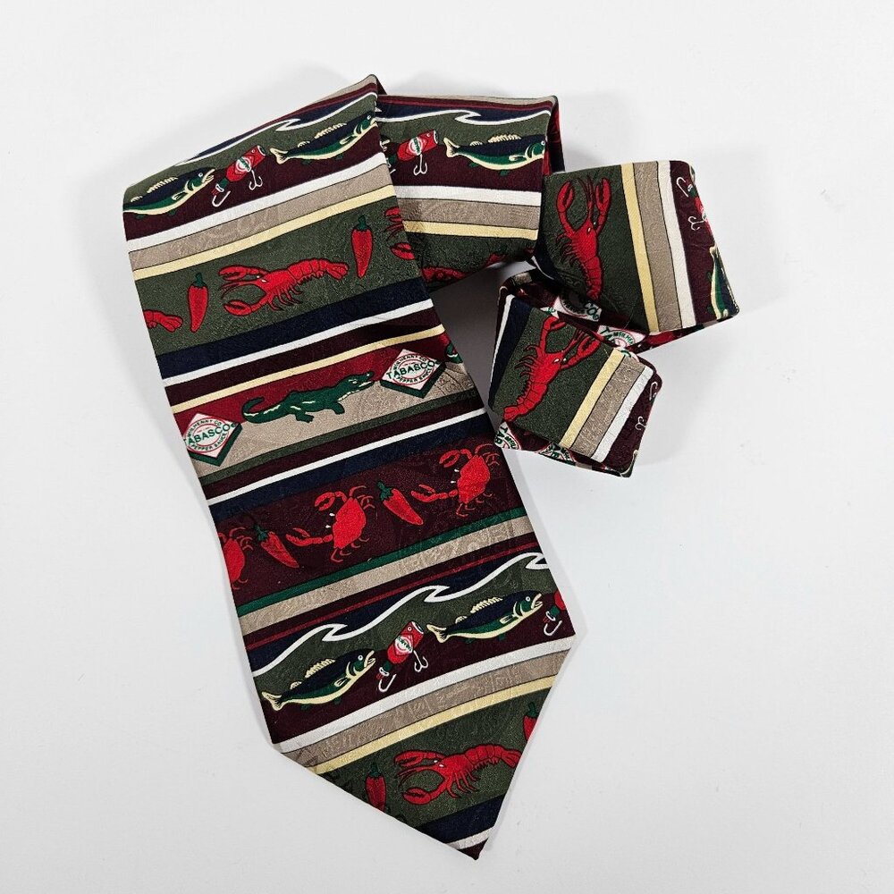 Tabasco Mens Silk Necktie‎ Green Red Lobster Crab Alligator Fish Novelty Tie